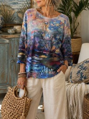 FDJ Abstract Landscape Print Top Medium 3/4 Sleeve Boatneck Wearable Art Blouse